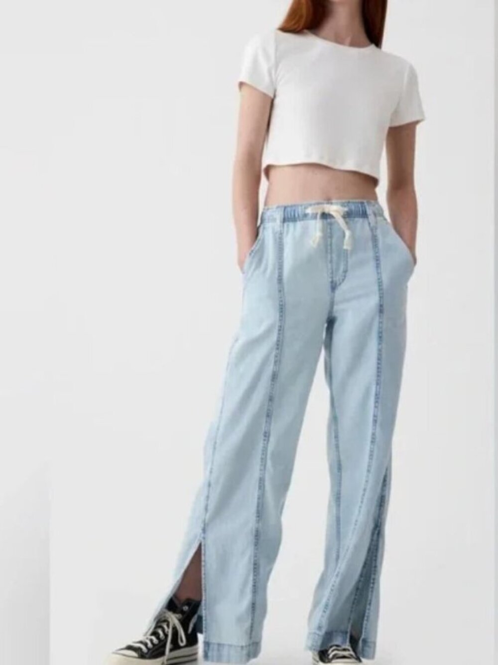 GAP Medium Light Blue Women’s Wide-Leg Split Hem Drawstring Denim Pull On Pants